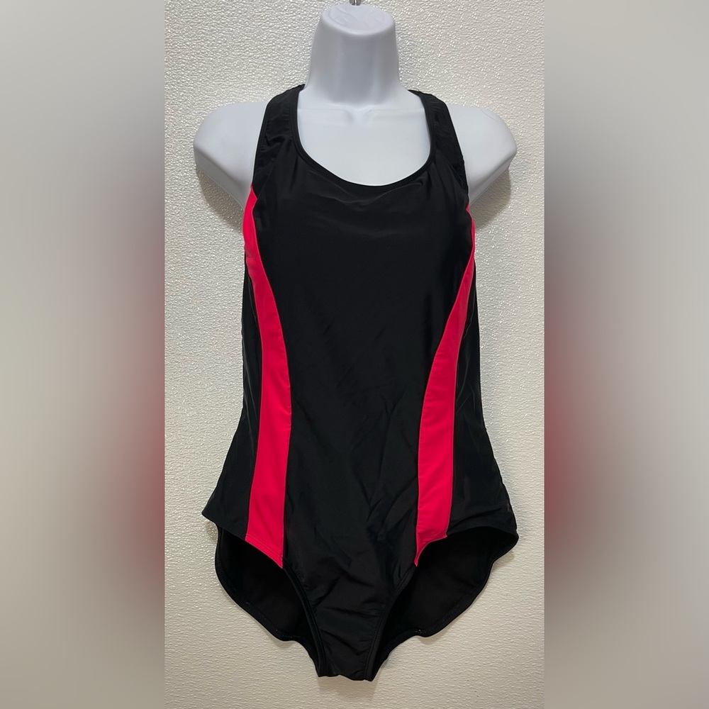 5/$25 Catalina Black One-Piece Swimsuit with Hot Pink Side Panels